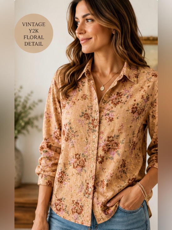 Lemon Grass Tops - Lemon Grass Women’s M Floral Gold Metallic Button Up Shirt Cottagecore Boho